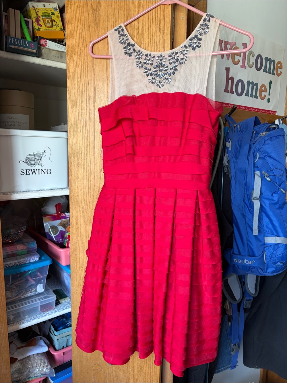 Red Fit-and-Flare Dress with Embellished Illusion Neckline